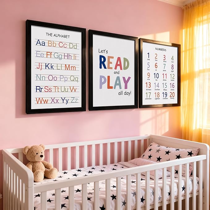 Cute Alphabet Numbers Framed Wall Art Set of 3, Educational ABC Poster Wooden Sign for Baby Girl Kid Boy Toddlers, Neutral Boho Preschool English Letters Nursery Decor for Homeschool Playroom Daycare