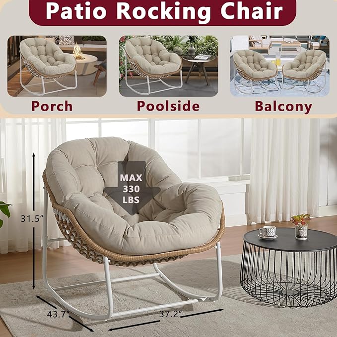 Oversized Outdoor Papasan Rocking Chair Set of 2 with Soft Cushion, Comfy Patio Egg Chair, Wicker Lounge Rocker for Balcony/Porch/Garden, Reinforced All Weather Rattan Frame, Beige and White