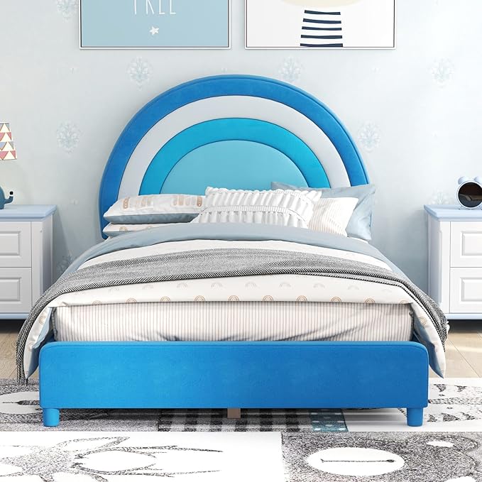 Costzon Twin Bed Frames for Kids, Upholstered Wooden Kids Bed w/Adjustable Headboard, Slats Support, 660 LBS Weight Cap, No Box Spring Needed, Easy Assembly, Twin Platform Bed Frame (Blue Rainbow)