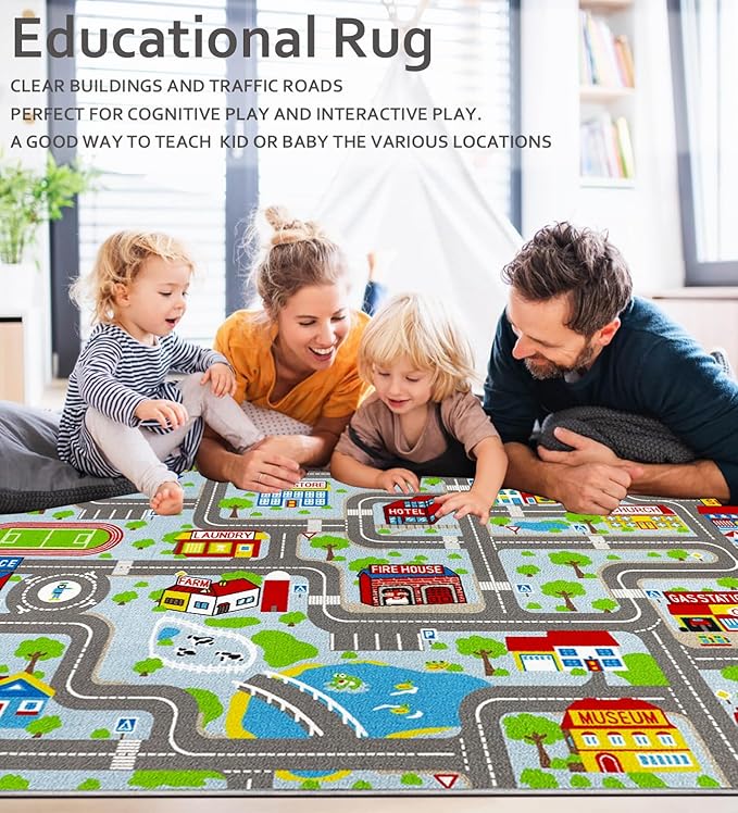 Kids Carpet Playmat Rug 5'0''x6'6'', Kids Rugs for Bedroom, Non-Slip Town City Road Map Car Rugs for Kids Toy Cars, Track Carpet Play Rug for Playroom Classroom Decor (Sky Blue)