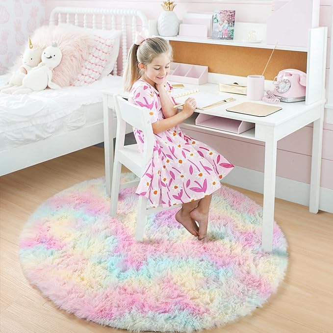 Amdrebio Rainbow Fluffy Round Rug 7Ft Kids Rugs for Girls Bedroom, Unicorn Room Decor, Colorful Pastel Big Large Carpet for Baby Nursery Playroom, Cute Shaggy Kawaii Circle Area Rug for Teen Princess