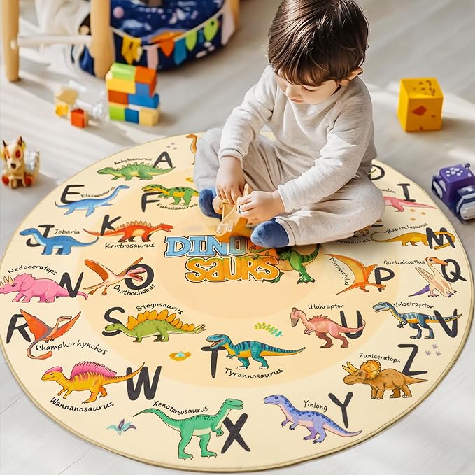 Kids Rugs for Playroom, 4'x4' Round Educational Rug for Learn The ABC Alphabet, Soft Machine Washable Non-Slip Cute Dinosaur Carpet for Classroom Toddler Nursery Kids Room Decor Mat, Beige