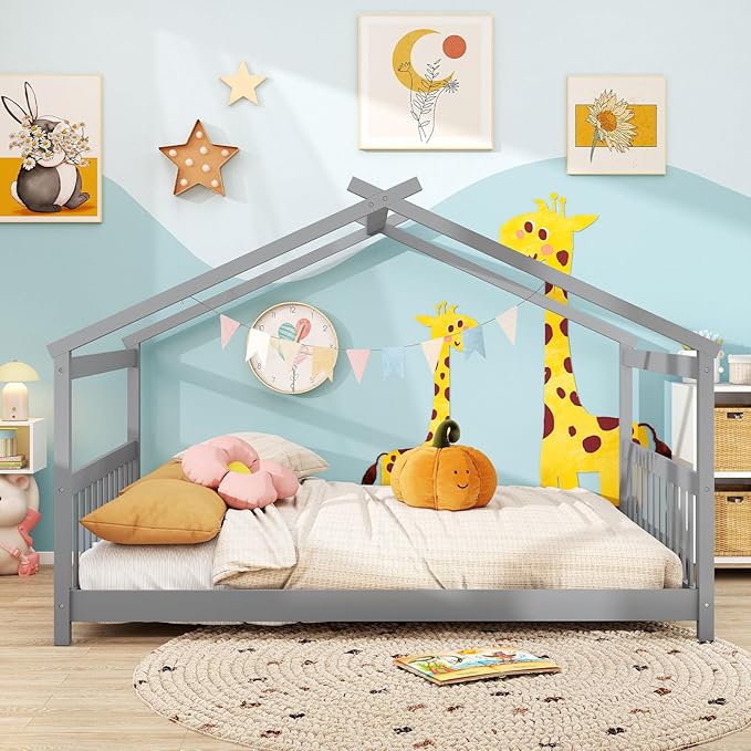 Giantex Full Size Floor Bed, Solid Wood Montessori House Bed with Roof, Headboard and Footboard, Low Full Bed Frame for Kids Teens Girls Boys, No Box Spring Needed, Grey