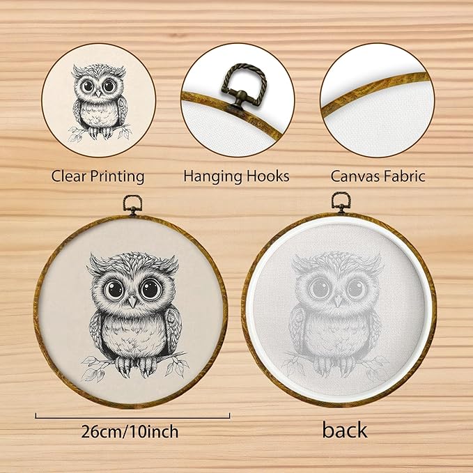 Hiuwevt Vintage Owl Round Wall Art Decor, Cottagecore Neutral Owl Framed Canvas Prints, Retro Rustic Forest Wildlife Round Wall Hanging Decor for Home Nursery Kids Bedroom Decorations, 10x10 Inches