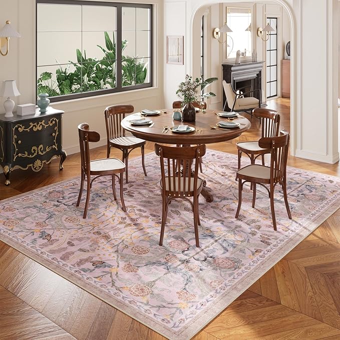 AMTOVO 5x7 Washable Area Rugs for Living Room, Vintage Boho Floral Distressed Print Non-Slip Carpet, Soft Colorful Accent Rug for Bedroom Girls Room Indoor Nursery Dining Room Playroom Farmhouse, Pink