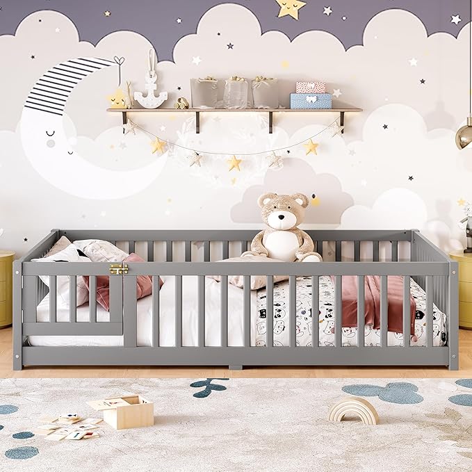 Full Size Floor Bed with Fence and Lockable Door, Wood Montessori Bed Frame with Slat Support for Kids,Boys,Girls,Easy Assembly, Gray