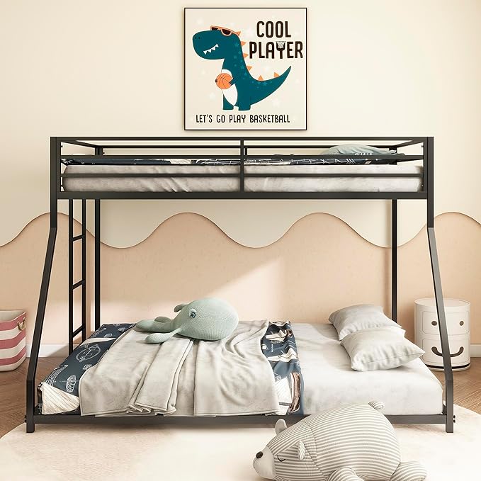Twin Over Full Bunk Bed for Adults with Stairs Flat Rungs, Metal Bunk Beds Twin Over Full Size for Teens Dorm Bedroom Guest Room,Heavy Duty Bunk Beds with Ladder and Guardrail