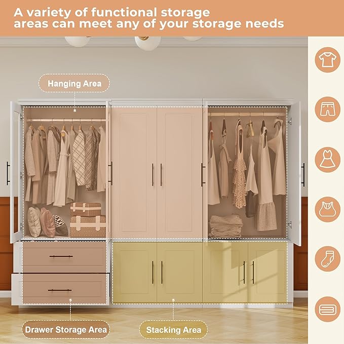 Armoire Wardrobe Closet with Glass Door: White 6 Door Wood Wardrobe Closet Combination Wooden Bedroom Armoire 2 Drawer with Hanging Rods for Home/Bedroom/Living Room