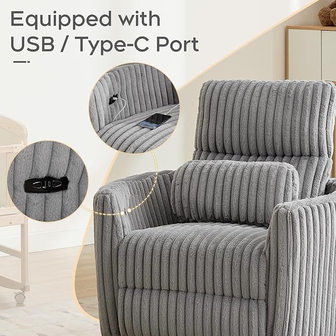 Power Nursery Rocking Chairs Swivel Glider Reclining Chair with 2 Pillows, Nursery Glider Rocking Recliner with Type-C & USB Charger Port, Corduroy Upholstery Armchair for Living Room/ Light Grey