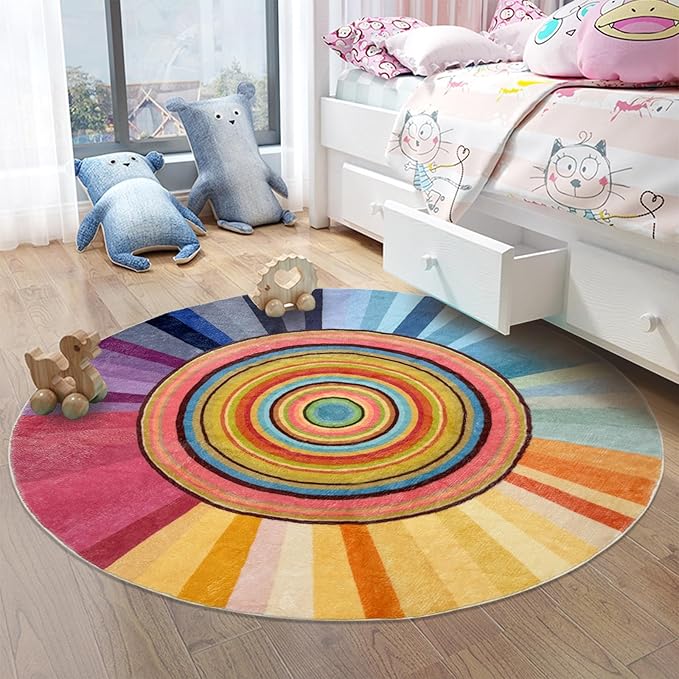 Kids Rug Circle Sun Rug 4Ft Round Modern Abstract Girls Bedroom Carpet Round Rainbow Nursery Mat Playroom Bedside Area Rug for Children Cartoon Crawling Mat for Home Decor