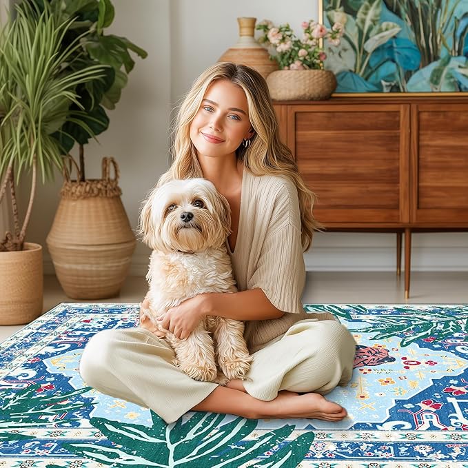 Washable Non-Slip 5x7 Blue Tiger Rug for Boys Room Bedroom Dining Room Boho Vintage Whimsical Animal Cheetah Print Jungle Rug Soft Cozy Tropical Woodland Carpet for Playroom Living Room