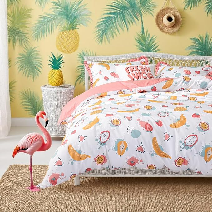 Simple&Opulence 100% Organic Cotton Duvet Cover for Kids Teens, 4 Piece Soft Cartoon Comforter Cover with Zipper Closure, Kawaii Girls Bedding Set with Colorful Fruits Pattern, Full/Queen