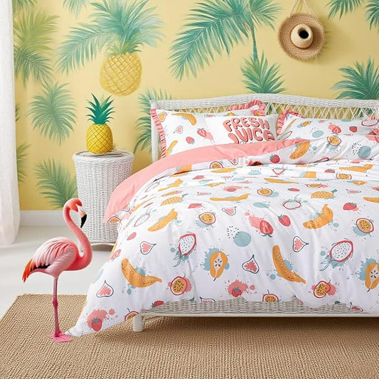 Simple&Opulence 100% Organic Cotton Duvet Cover for Kids Teens, 4 Piece Soft Cartoon Comforter Cover with Zipper Closure, Kawaii Girls Bedding Set with Colorful Fruits Pattern, Full/Queen