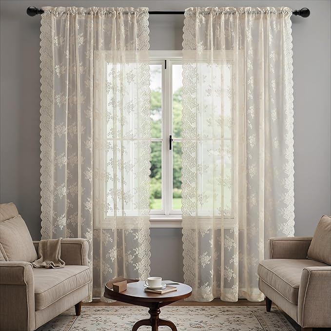 Kotile Beige Lace Curtains 84 Inches Long 2 Panels, Country Rustic Floral Pattern Vintage Sheer Lace Curtains for Living Room Bedroom, Rod Pocket Privacy Window Lace Curtain Panels, 42 x 84 Inch