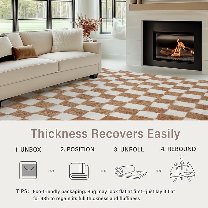 Checkered Area Rug 2x6 for Bedroom, Beige and White Modern Shag Rug Super Soft Runner Carpet Washable Fluffy Rugs for Living Room Bedside Sofa Home Dorm Decor Aesthetic