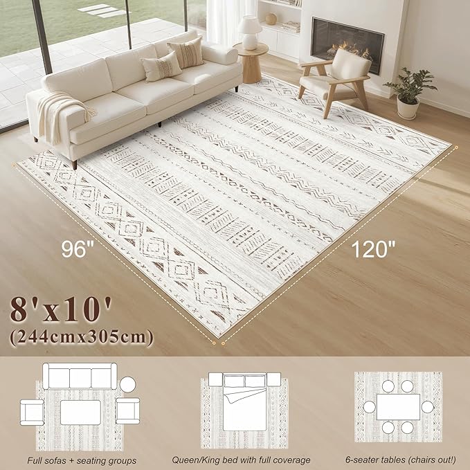 Area Rugs for Living Room Washable Living Room Rug Soft Neutral Indoor Floor Carpet Non-Slip Stain Resistant Modern Boho Rugs for Bedroom Dining Room Kids Room Nursery Office Home Brown