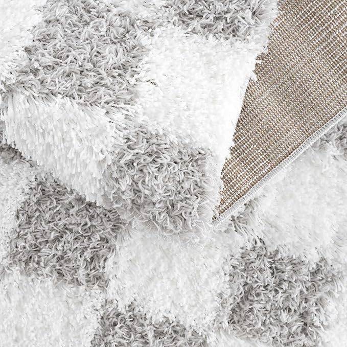 Hauteloom Atira Contemporary Checkered Fluffy Shag Area Rug - Modern Geometric Carpet Tiles for Living Room, Kids Room, Nursery - Plush Pile - Light Gray,Cream - 4' x 6'