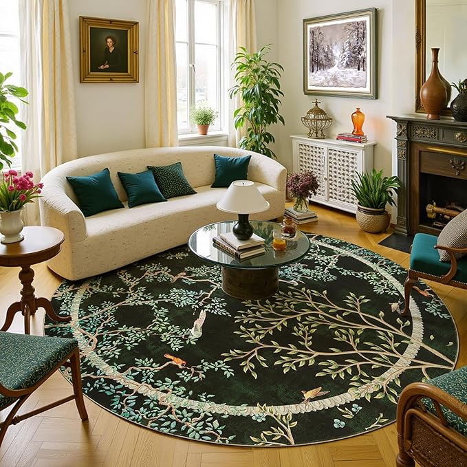 jinchan Yarden Christmas Round Rugs 8ft Moss Green Botanical Birds Print,Machine Washable 8' Circle Nature Plants Modern Soft Non-Slip Kids Throw Area Rugs, Low Pile Carpet for Living Room Bedroom