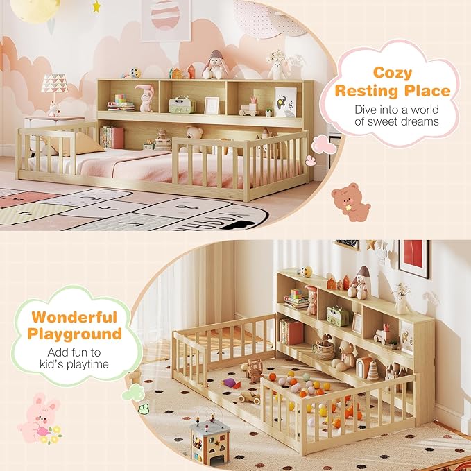 Giantex Twin Floor Bed for Kids, Wooden Montessori Bed Frame with Bookcase, Storage Shelves & Safety Fence Rails, Floor Beds Twin for Girls, Boys, No Box Spring Needed, Without Slats, Natural