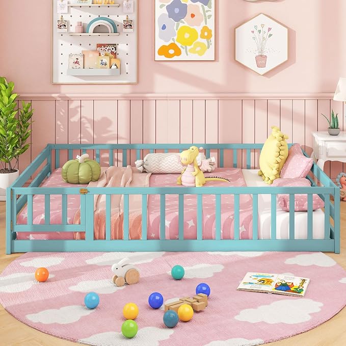 Giantex Full Floor Bed with Door & Fence, Kids Wood Montessori Beds with Safety Guardrails, Floor Bed Twin for Kids, Boys, Girls, No Box Spring Needed, ICY Aqua