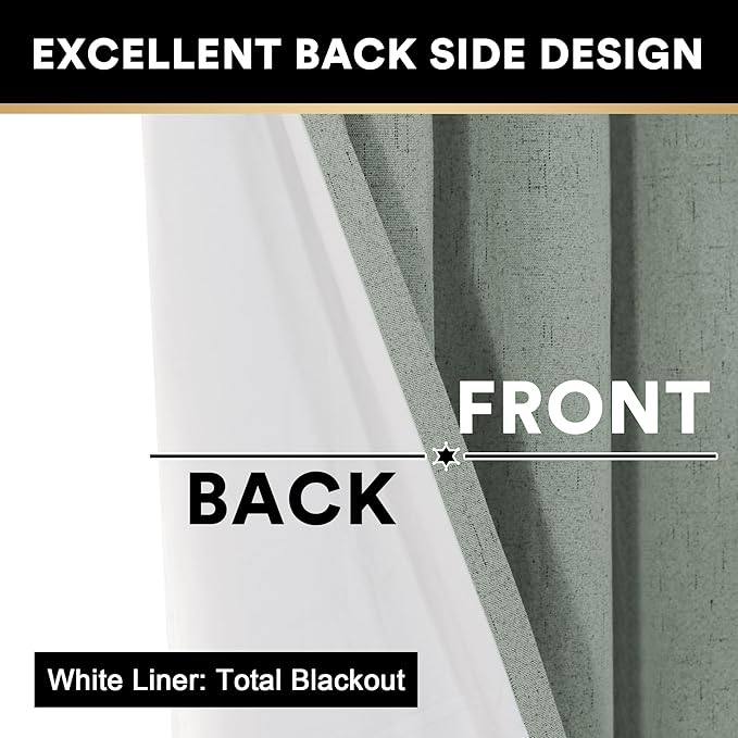 PrinceDeco Linen Texture Curtains 100% Blackout Curtains 64 inch Long 2 Panels Set for Bedroom Grommet Top Flax Textured Full Blackout Window Draperies Thermal Insulated White Liners,42 X64, Green Bay