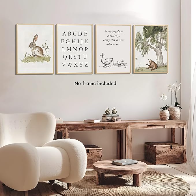 Kousne Nursery Gallery Wall Art Animal Canvas Prints Vintage Rustic Poster Set for Kids’ Room Decor Alphabet Inspirational Quotes Wall Art Neutral Baby Room Painting Unframed12x16 Inches