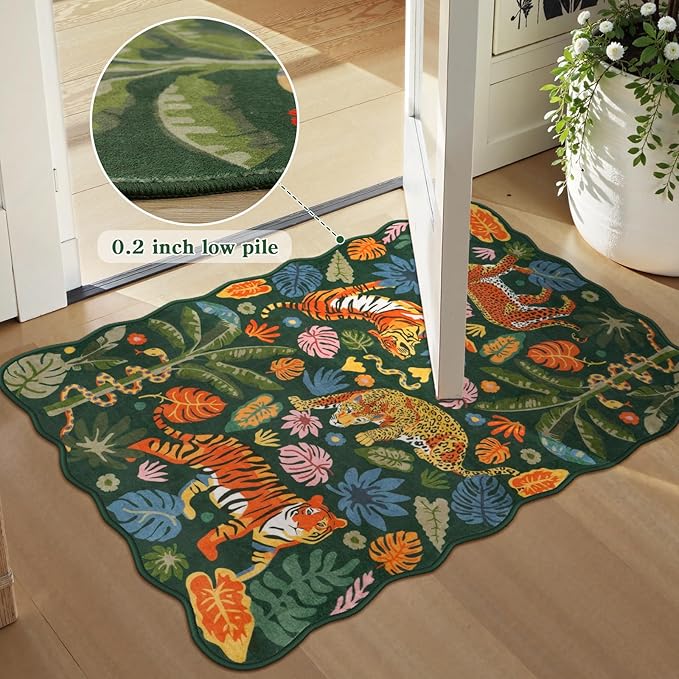 LEEVAN 3x5 Bedroom Rug Washable Tiger Kitchen Rugs Non Slip Green Entryway Mat Scalloped Bathroom Floor Pad Leopard Living Room Rug Low Pile Playroom Carpet Jungle Kids Mat