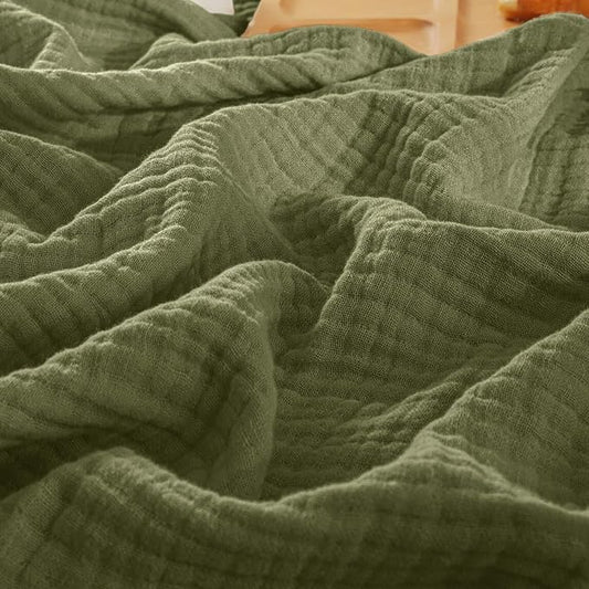 PHF 100% Cotton Muslin Blanket Twin XL Size 66"x90", 4-Layer Lightweight Gauze Throw, Breathable Cloud-Soft Minimalist Blanket for Bed, Couch, Camping & Baby, Olive Green, Ideal Gift