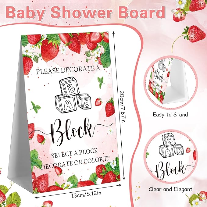 Marsui 136 Pcs Baby Shower Blocks to Decorate Game Kit Includes 98 Wooden Blocks, 36 Markers, 1 Game Sign, 1 Storage Box for Baby Shower Gender Reveal Activity Party Decorations(Strawberry)