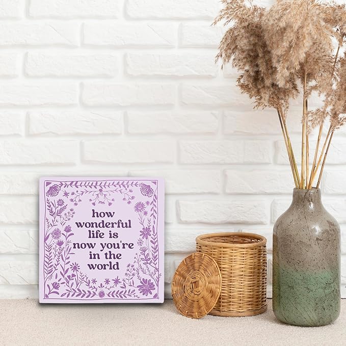 How Wonderful Life Is Now You're in the World Wood Box Sign 5×5 Inches, Boho Floral Wood Sign for Nursery Kids Boy Girl Newborn Teen Bedroom Home Desk Tabletop Shelf Decor
