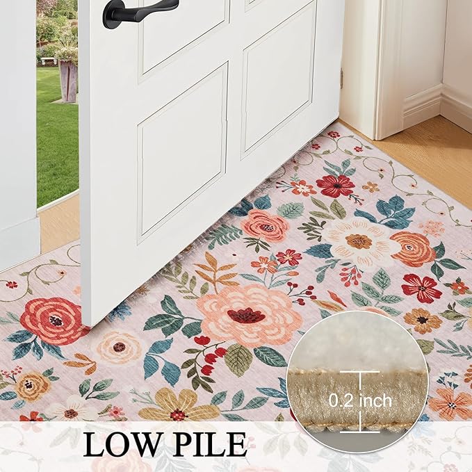 DUKINO 2x3 Rugs for Entryway, Floral Indoor Washable Door Mat, Non Slip Boho Small Rug for Kitchen, Soft Low Pile Front Door Throw Rug for Entrance, Bedroom, Kitchen, Laundry, Bathroom, Beige