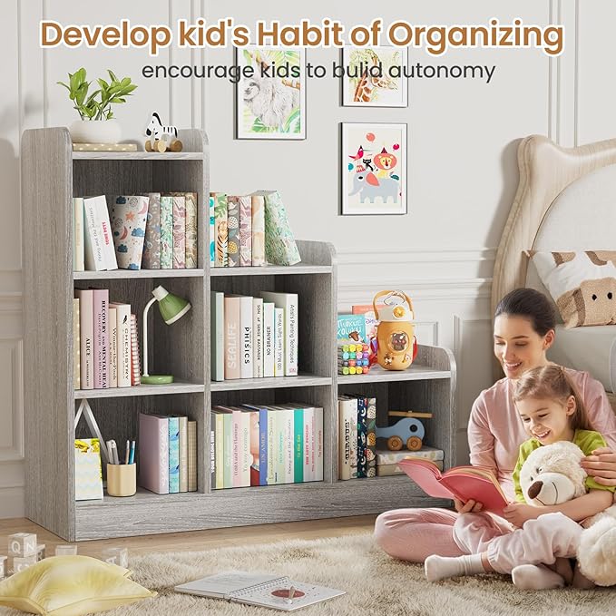 Montessori Shelf 6-Section Wooden Storage Cabinet, Kids Toy Storage Organizer Book Shelf for Kids Rooms, Classroom, Playroom, Nursery, Preschool Book Shelves