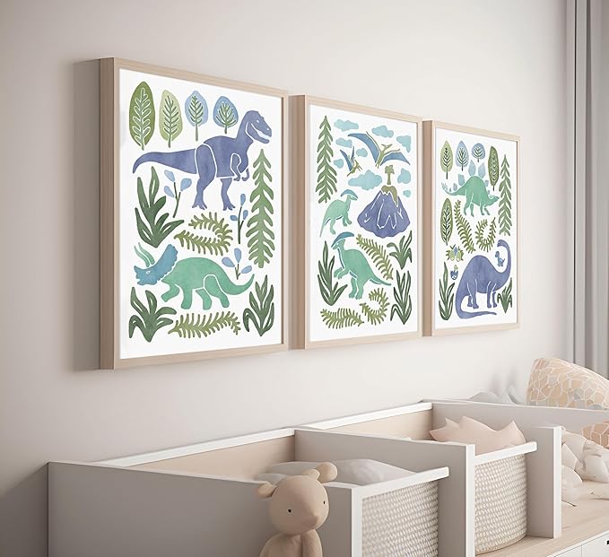 Baby Boys Nursery Wall Art Blue Green Dinosaur Pictures Wall Decor Stegosaurus T-Rex Triceratops Pterodactyl Posters Artwork Watercolor Dino Painting Canvas Prints for Kids Room Toddler Boy Room Decor