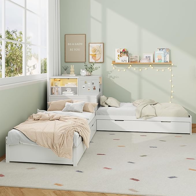 Harper & Bright Designs Twin L-Shaped Corner Bed with Trundle, Double Twin Beds in One, 3-in-1 Platform Bed with Built-in Nightstand and LED Light for 2 Kids