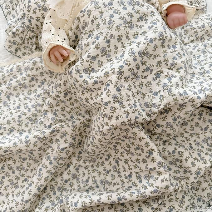 BuLuTu Cotton Muslin Toddler Blanket Blue Floral Print Kids Quilts for Crib Cot Soft Lightweight Boys Girls Comforter for All Seasons, Machine Washable, 47x59 Inches