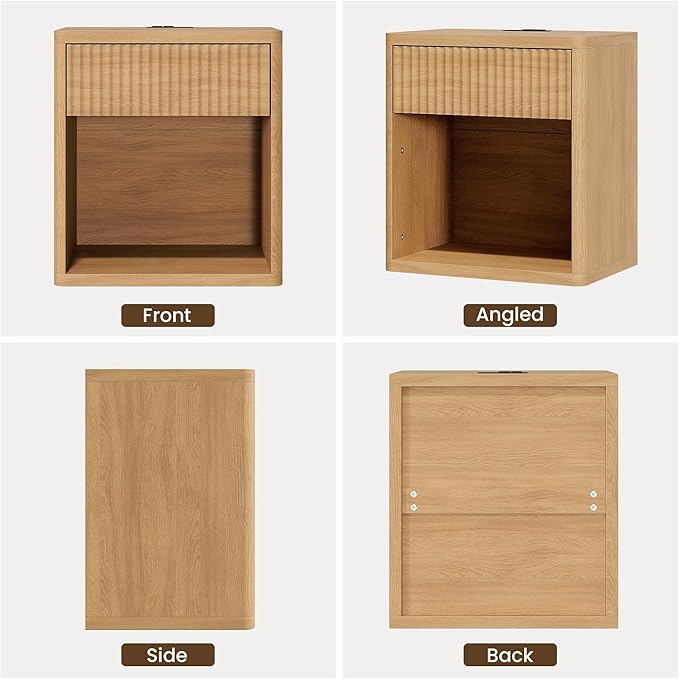 Fluted Nightstand Set of 2 with Charging Station, 21.7" Wide Modern Bedside Table with 1 Drawers Open Storage Cabinet, Wooden End Table for Bedroom, Natural Oak