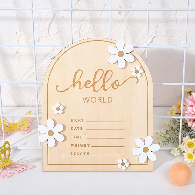 Wooden Hello World for Baby Showers - Newborn Birth Announcement Board,Daisy Wooden Baby Milestone Card,Welcome Baby Shower Gifts,Hello World Hospital Nursery Information Record Board (Hello World)