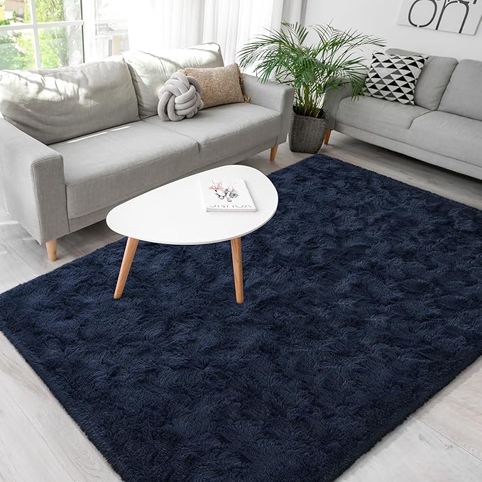 BENRON Navy Blue Fluffy Rugs for Living Room Bedroom 4x6, Soft Plush Fuzzy Shaggy Rugs for Kids Girls Boys Room Decor, Washable Indoor Floor Carpets