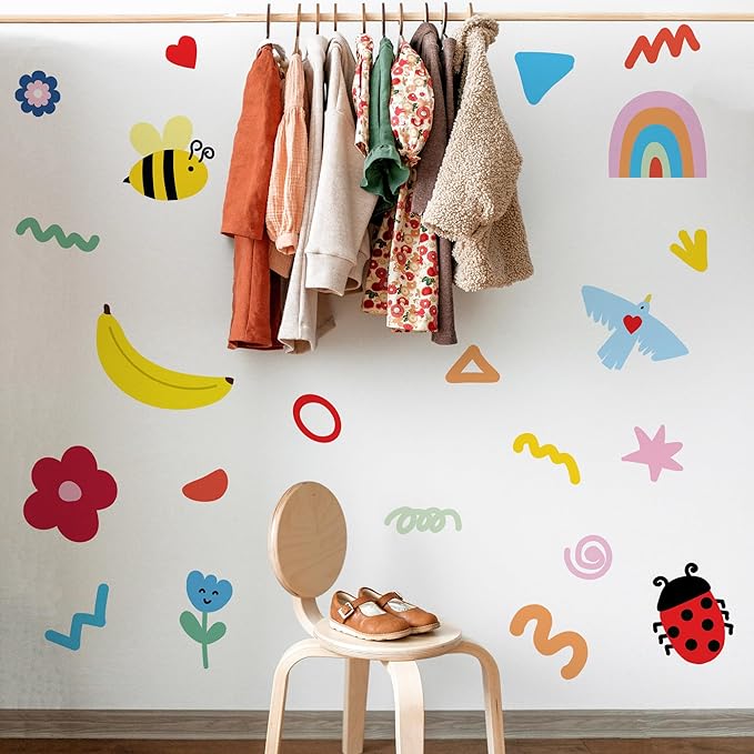 Insect Fruit Wall Decals,Watercolor Doodle Wall Stickers Decor,Peel and Stick Rainbow Flowers, Bees,Fruit Decals for Kids Bedroom Nursery Playroom Living Room and Bedroom Decoration