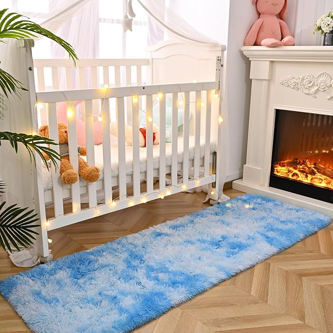 DweIke Fluffy Blue Runner Rugs for Bedroom, 2x6 Feet Soft Plush Long Light SkyBlue Runners for Girls Boys Kids, Non-Slip and Machine Washable Bedside Rug, Small Throw Carpet for Hallway Rooms Decor