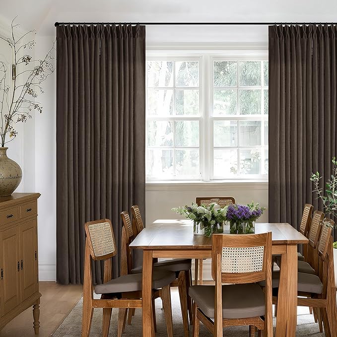 Dark Chocolate Pinch Pleated Linen 120 Inch Curtains 2 Panels for Living Room Bedroom Memory Training Shaped Semi Sheer Pleat Drapes with Hooks Rings Light Filtering Window Curtain 40x120