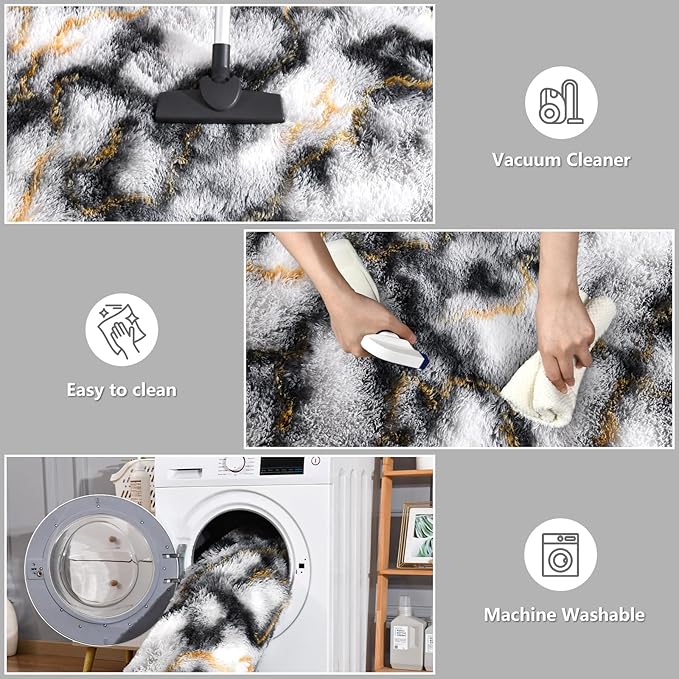 DweIke Fluffy Black White Gold Rugs for Bedroom Living Room, 5x8 Large Soft Plush Shaggy Tie-Dyed Girls Boys Kids Rug, Upgraded Non-Slip and Machine Washable Carpet for Dorm Nursery Classroom Decor
