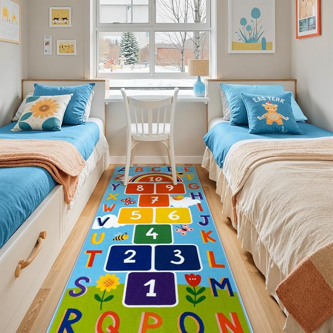 STARUIA Washable Hopscotch Kids Rug for Playroom, Colorful Educational Classroom Rugs with ABC Number, Non Slip Kids Play Rug Game Carpet for Bedroom Nursery Boy Girl （Blue, 31.5''x72''）