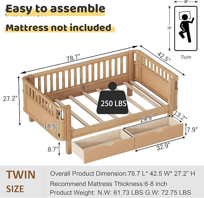 Twin Bed Frame with Rails for Kids, Wood Montessori Bed Twin with 2 Storage Drawers &Slats Support, Modern Daybed with Removable Bed Rails for Girls Boys Bedroom Living Room, Natural