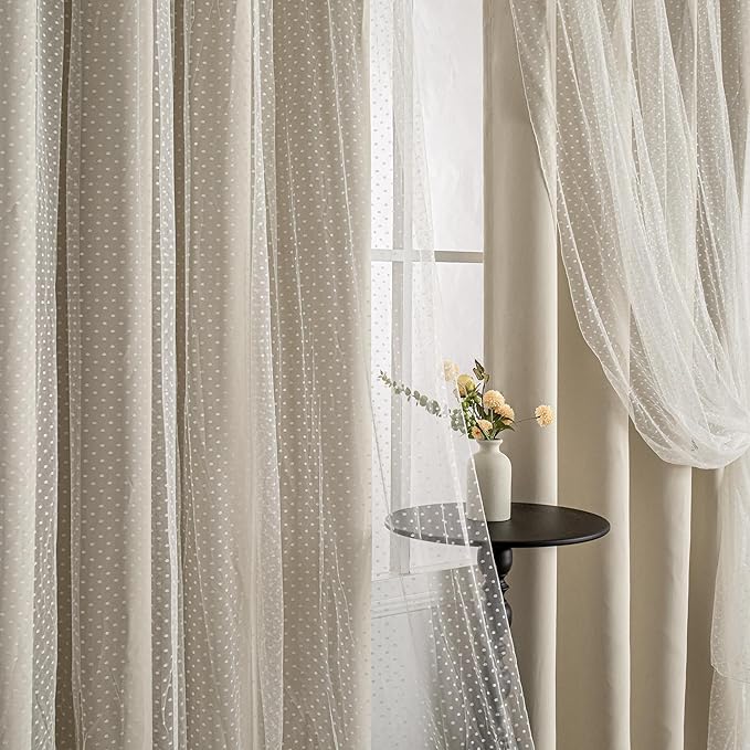 MYSKY HOME Beige 70% Blackout Curtains for Girls Bedroom & Living Room Nursery Kids Cute Double Layer Curtains with Sheer Overlay, Grommet Tops, 52x84 Inch Each Panel, 2 Panels
