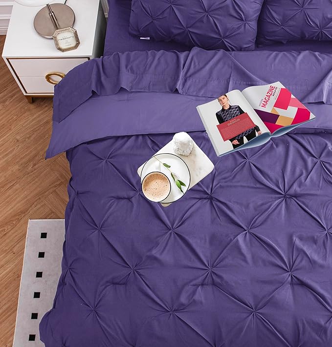 LANE LINEN Full Comforter Set – 7 Piece Bed in a Bag – Pinch Pleated Full Size Bedding Set with Comforter, Flat Sheet, Fitted Sheet, Pillowcase & Sham – Soft Pintuck Bed Set - Purple