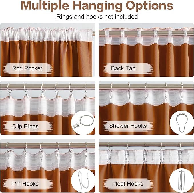 DUALIFE Retro Brown Orange Curtains 90 Inches Long, Vintage Brown Curtain Drapes Back Tab and Rod Pocket Curtain Panels for Bedrooom Living Room Dark Oak