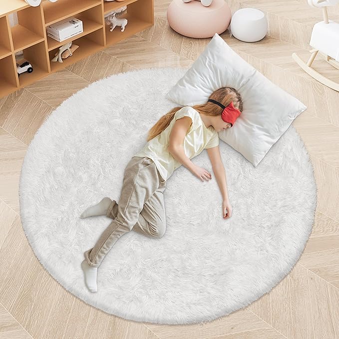 4 ft Round Fluffy White Rug for Bedroom,Tie Dyed Furry Round Carpet Non Slip Fuzzy Shaggy Plush Circle Area Rug for Living Room Teen's Room Nursery Room Playroom Kids Room Home Decor Washable