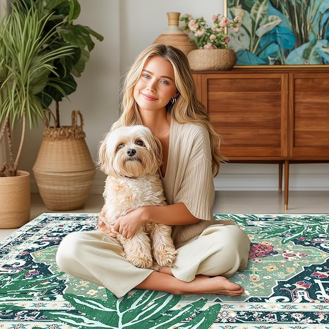 8x10 Washable Non-Slip Green Tiger Rug for Living Room Bedroom Dining Room Vintage Neutral Tropical Animal Cheetah Print Jungle Rug Soft Cozy Woodland Large Carpet for Boys Room Playroom