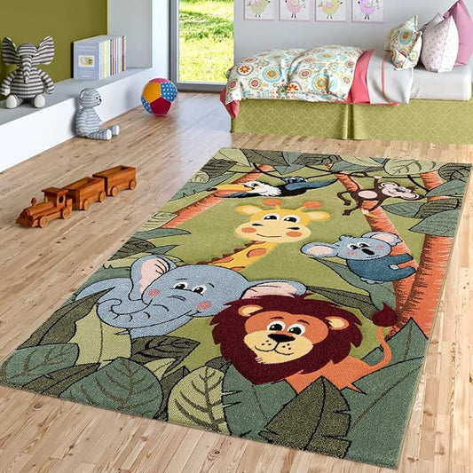 Paco Home Kids Rug for Nursery with Jungle Animals in Green, Size: 5'3" x 7'7"
